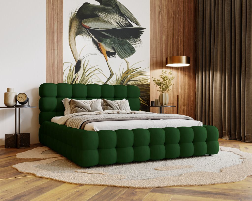 Doppelbett 160x200 Parlas Bis mit Bettkasten, Metall-Lattenrost - Elegantes design, Schaumstoff - Samt Grün