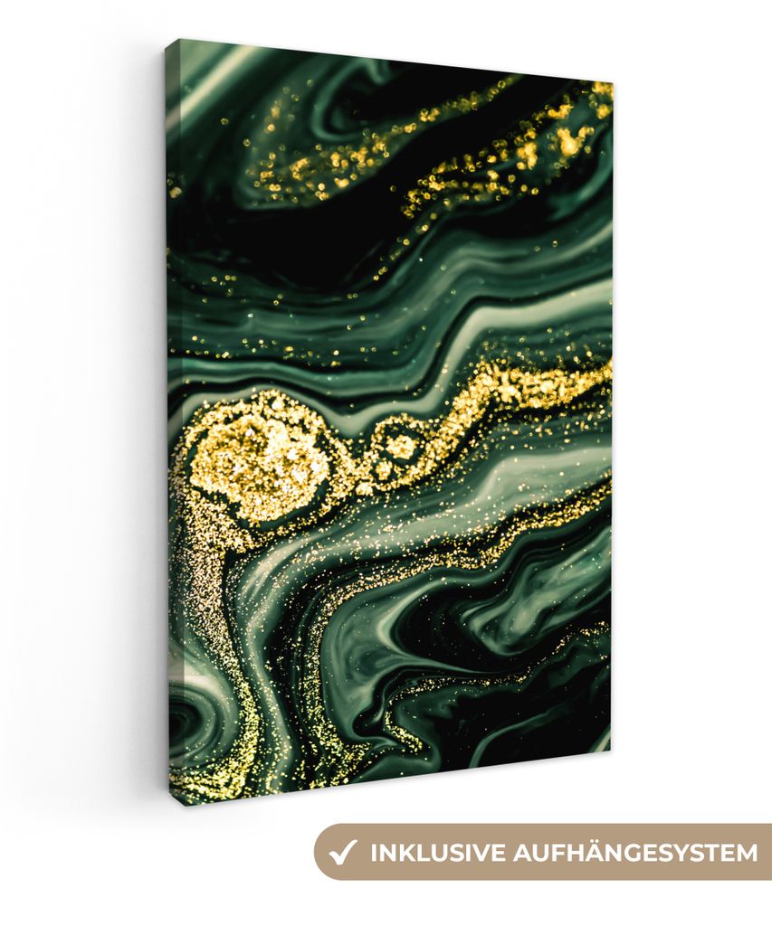 MuchoWow - Leinwandbilder - Marmor - Gold - Glitter - Grün - Marmoroptik - Luxus, Wandbild, Wanddeko Bilder Wohnzimmer, 80x120 cm