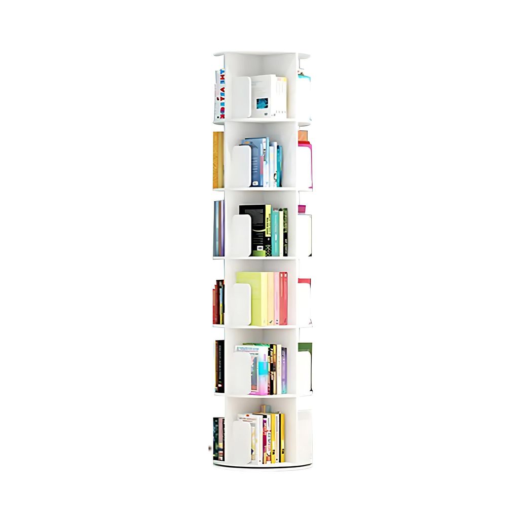 A white, rotating bookshelf with multiple shelves filled with books.