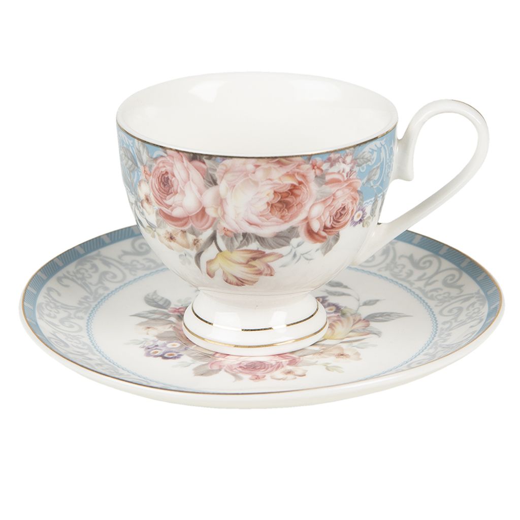 Clayre & Eef Tasse mit Untertasse 200 ml Weiß Blau Produktbild 