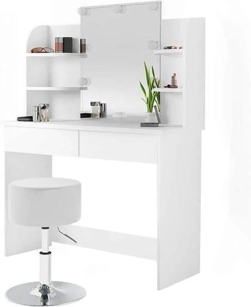 Coiffeuse lumineuse LED blanche 108 cm avec grand miroir et tabouret