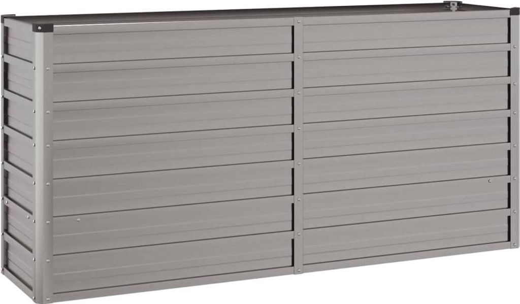 A long, rectangular raised garden bed made of gray metal panels.
