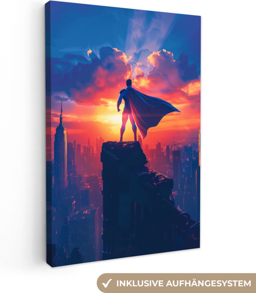 MuchoWow - Leinwandbilder - Superheld - Stadt - Jungen - Farbenfroh - Sonne, Wandbild, Wanddeko Bilder Wohnzimmer, 80x120 cm