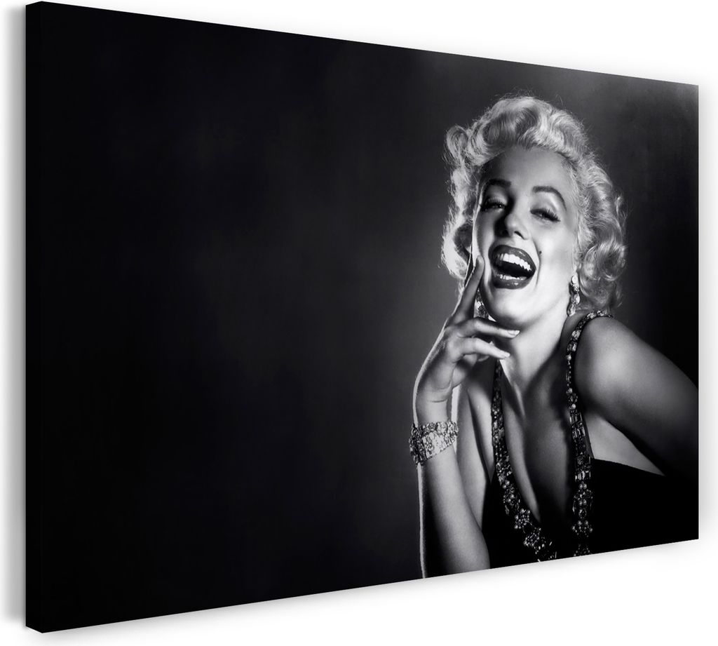 Leinwandbild (60x40cm): Marilyn Monroe lachend schwarzes Kleid mit Ausschnitt, echter Holz-Keilrahmen inkl. Aufhänger, handgefertigt in Deutschland
