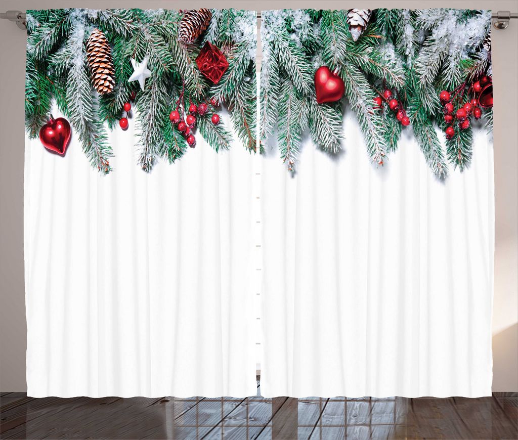 ABAKUHAUS Weihnachten Rustikaler Gardine, Sterne Beeren Weihnachten, Schlafzimmer Kräuselband Vorhang mit Schlaufen und Haken, 280 x 245 cm, Grün...
