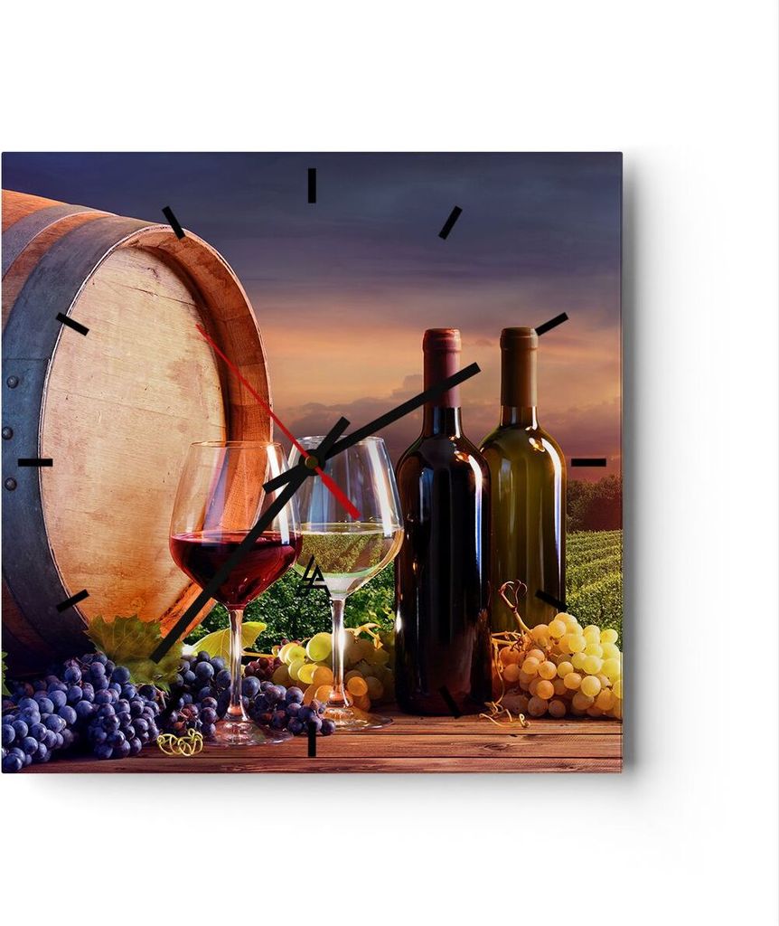Wanduhr - Quadrat - Glasuhr - Wein Weinberg Sommer - 30x30cm - Schleichendes Uhrwerk - Lautlos - zum Aufhängen bereit - Dekoration Modern - Wandde...