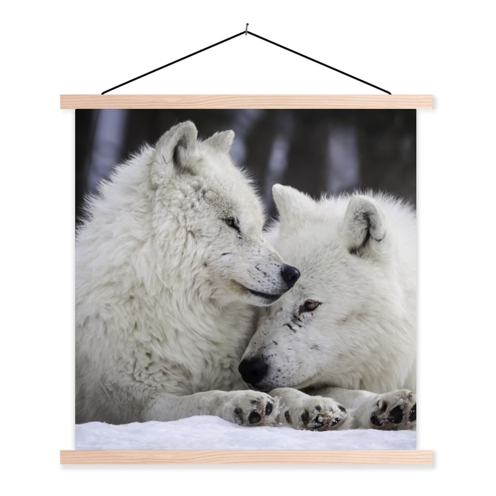MuchoWow Textilposter Wölfe - Schnee - Familie 60x60 cm mit holzfarbenen Rahmen - Wanddekoration