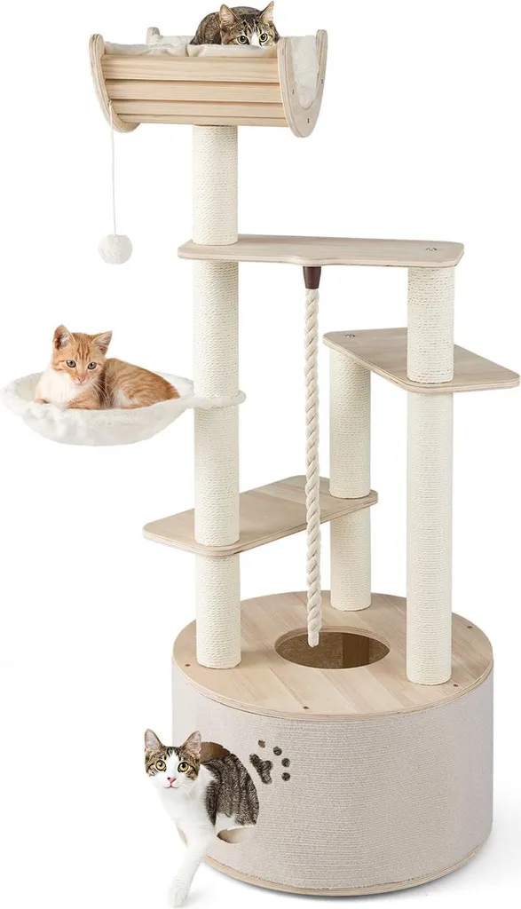 Arbre à chat multiniveaux en bois 141 cm - Mobilier de repos avec cachette