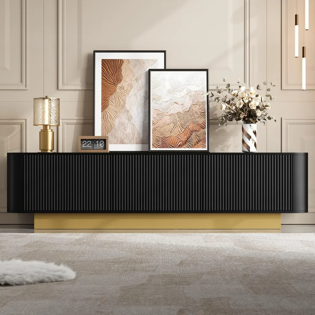 Meuble TV Design Coins Arrondis en MDF Noir, Support Multimédia Stable - 2