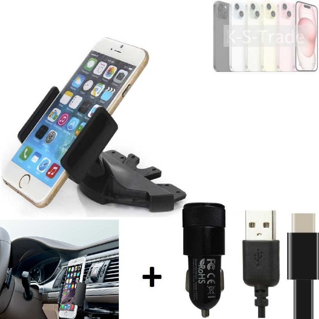 K-S-Trade CD Schlitz Handy-Halterung kompatibel mit Apple iPhone 15 Autohalterung KFZ-Halter Radio Handy Halterung 360° drehbar CD-Schacht inkl.