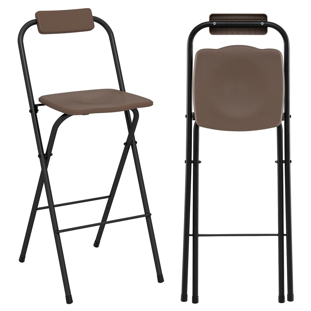 Two views of a brown folding bar stool with black metal legs against a white background.