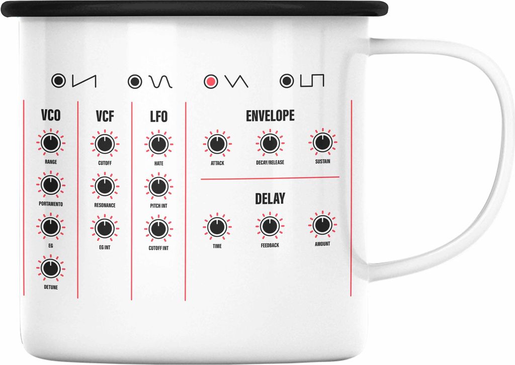 Trendation - Synthesizer DJ Geschenk Emaille Tasse Musik Techno Nerd Analog Musiker Modular Geschenkidee (Schwarz)