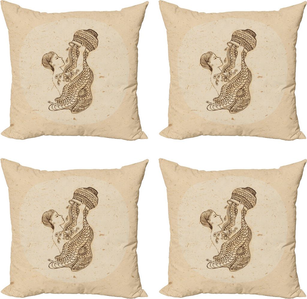 ABAKUHAUS Sternzeichen Wassermann Kissenbezug Set (4 Stück), Jahrgang, Moderner Doppelseitiger Digitaldruck, 45 cm x 45 cm, Beige Creme Brown