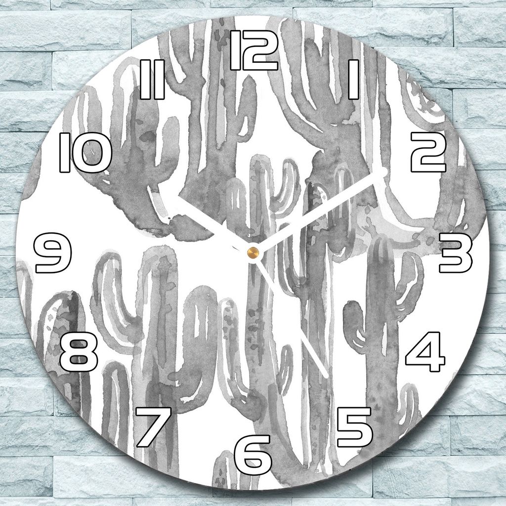 Wanduhr aus Glas Rund fi 30 Grau Bemalter Kaktus Quarz Deko Wohnzimmer Büro