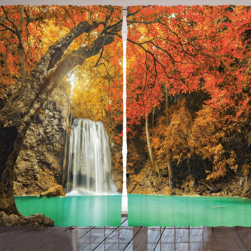 ARANDE Wasserfall Gardine, Majestätische Wasserfall-Kaskade im Wald fließt hinunter reine Kristallhabitat-Ansicht, 280 x 245 cm, Orange Blue