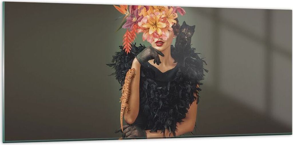 Bilder auf glas - Einteilig - Frau Katze Blumen - 120x50cm - Glasbilder - Wandbilder - Bilder - zum Aufhängen bereit - Wanddekoration aus Glas - G...