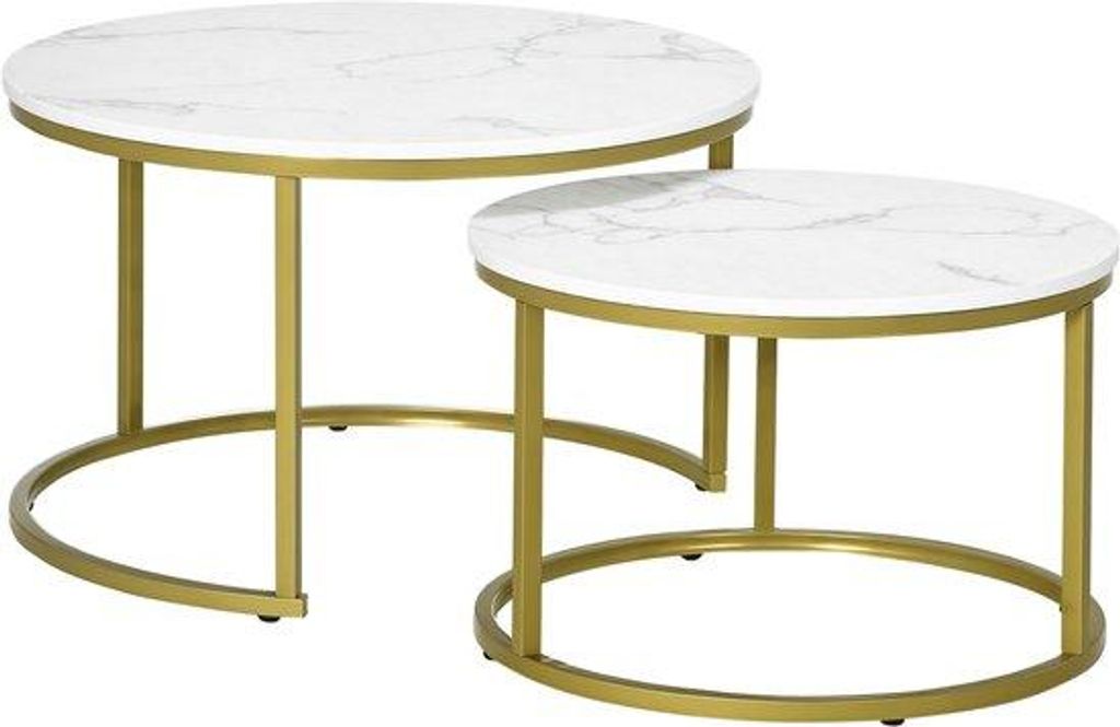 Salontafel - Ronde - Weiss Marmoreffekt - Goldene Metallbeine - 2 Stück