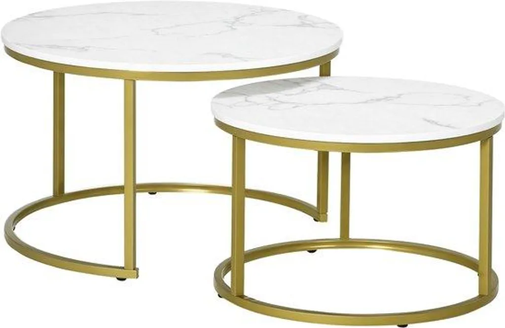 Tables Basses Rondes pour Petit Salon Effet Marbre et Pieds Or - 2 pcs