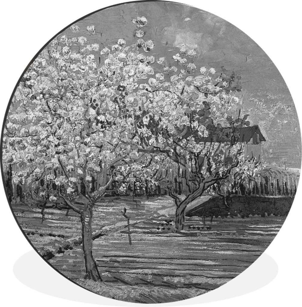 MuchoWow Aluminium Wandkreis Mandelblüte - Vincent van Gogh - Schwarz - Weiß Ø 30 cm Wanddeko Modern Wohnzimmer - Wand Bild - Wohnzimmer - Run...