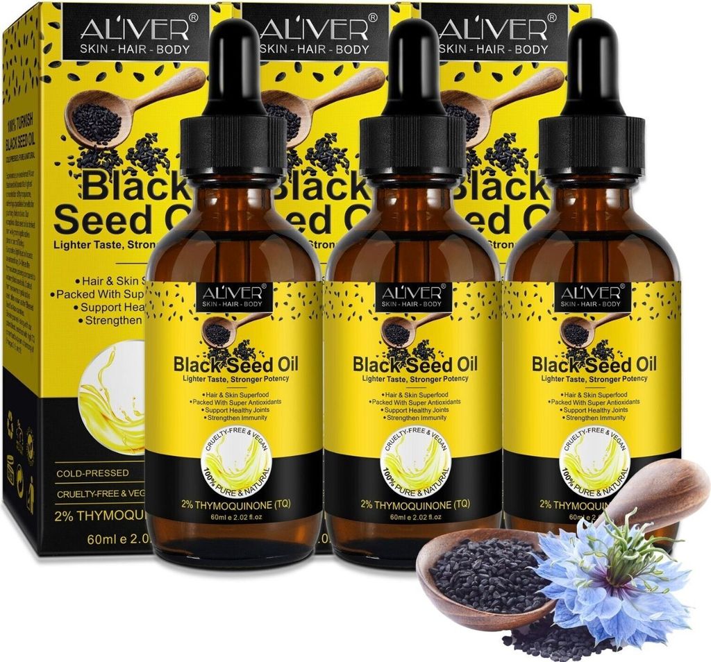 Schwarzkümmelöl kaltgepresst Nigella sativa Hautöl Haaröl Immunität Bio Vegan, 3x 60ml