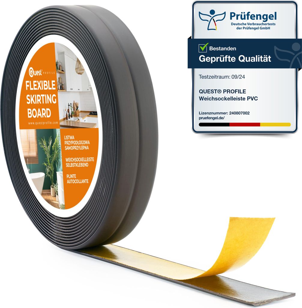 A roll of flexible skirting board with adhesive backing, shown with a certification badge.