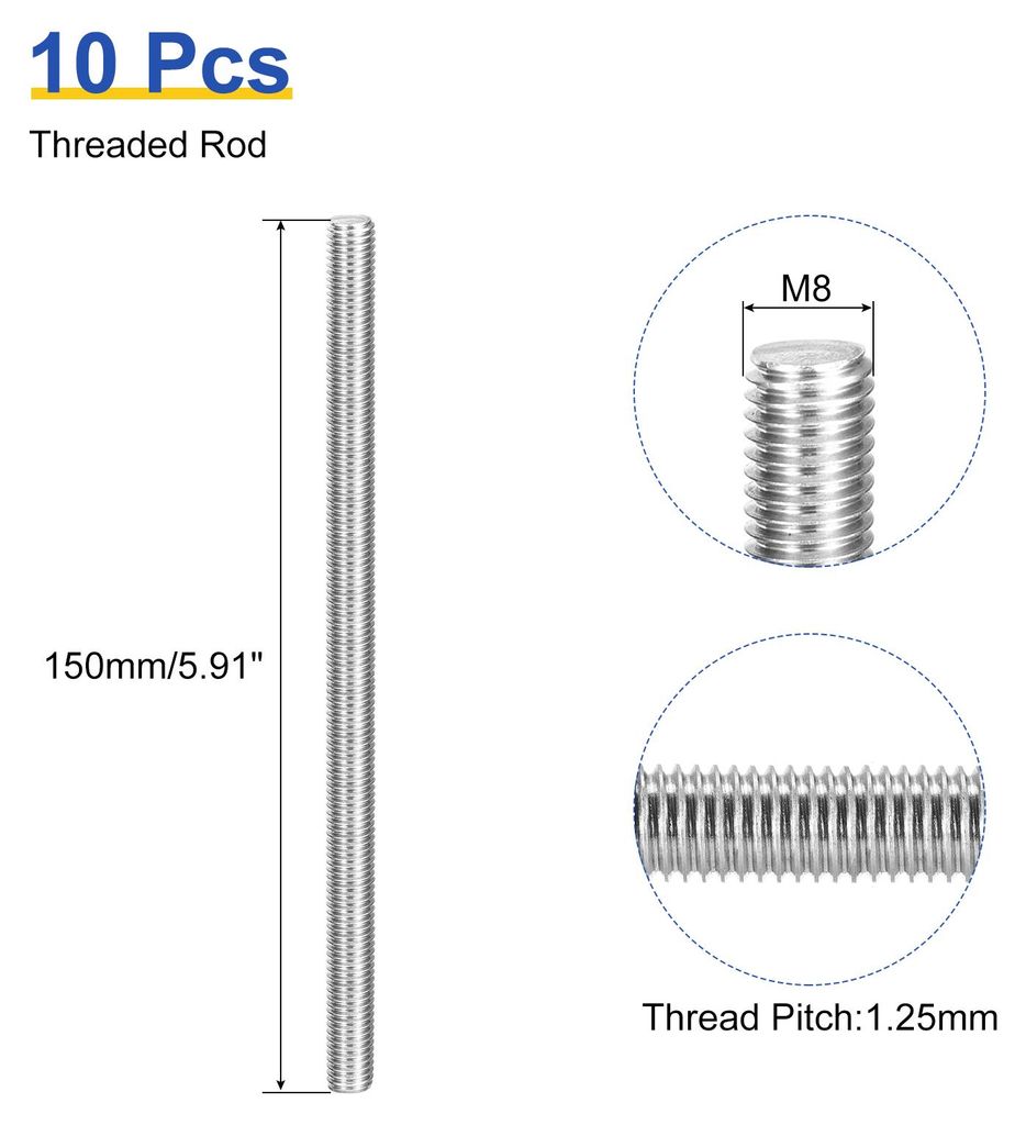 10 Stš¹ck Gewindestange M8 x 150mm Vollgewinde Stange 304 Edelstahl Rechtsgewinde St?be fš¹r Ankerbolzen, Klemmen, Haken und U-Bolzen, 1,25 Gew...