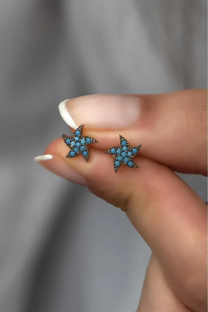 Boucles d'oreilles en argent 925 avec émail turquoise et fini or rose