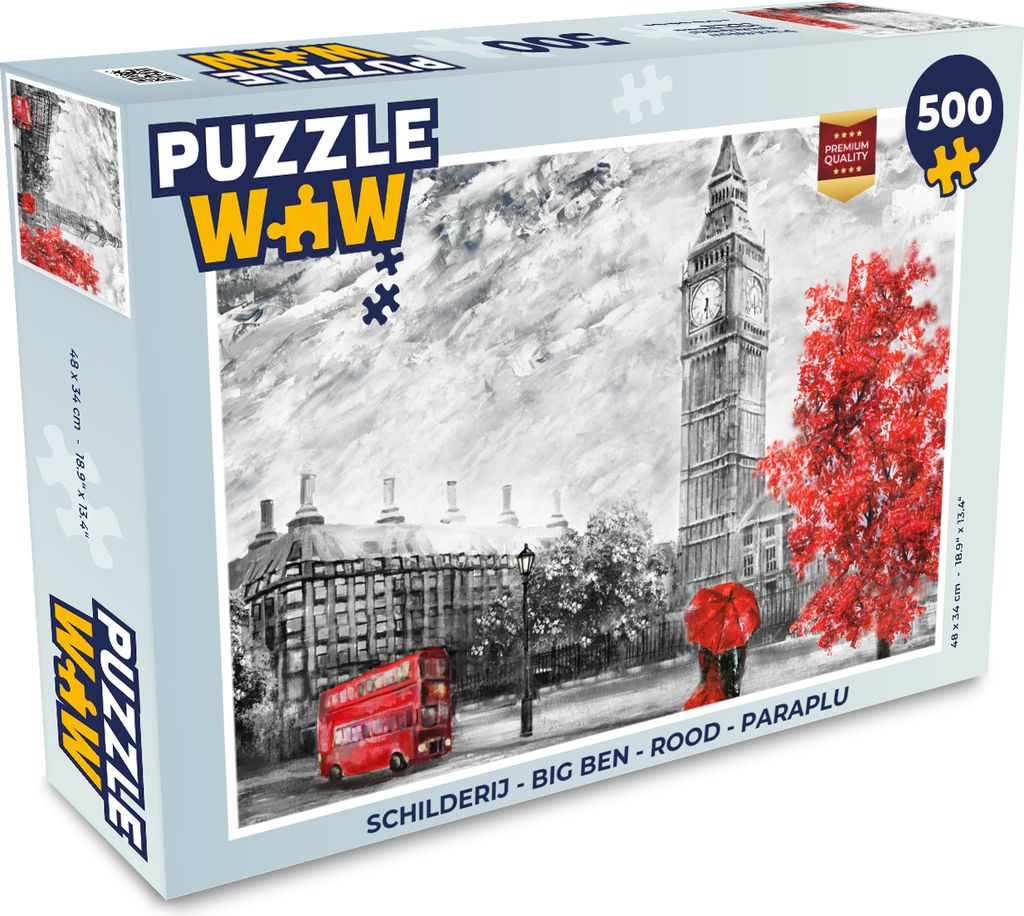 MuchoWow Puzzle 500 Teile Gemälde - Big Ben - Rot - Regenschirm - 500 Teile - Kinder - Selberbauen - Puzzlespiele