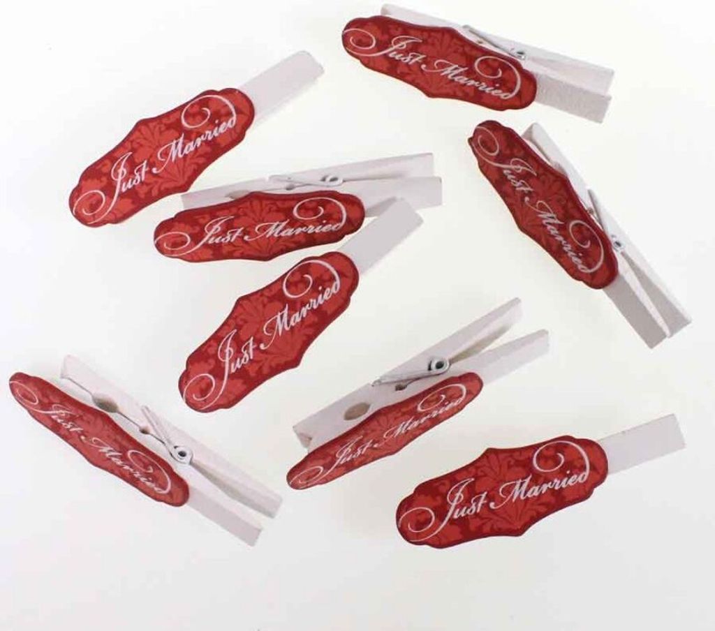 8 Zwicker 7cm Wäscheklammer Holz Deko Klammmer Tischkartenhalter Hochzeit Spruch, Ausf:rot-Just Married