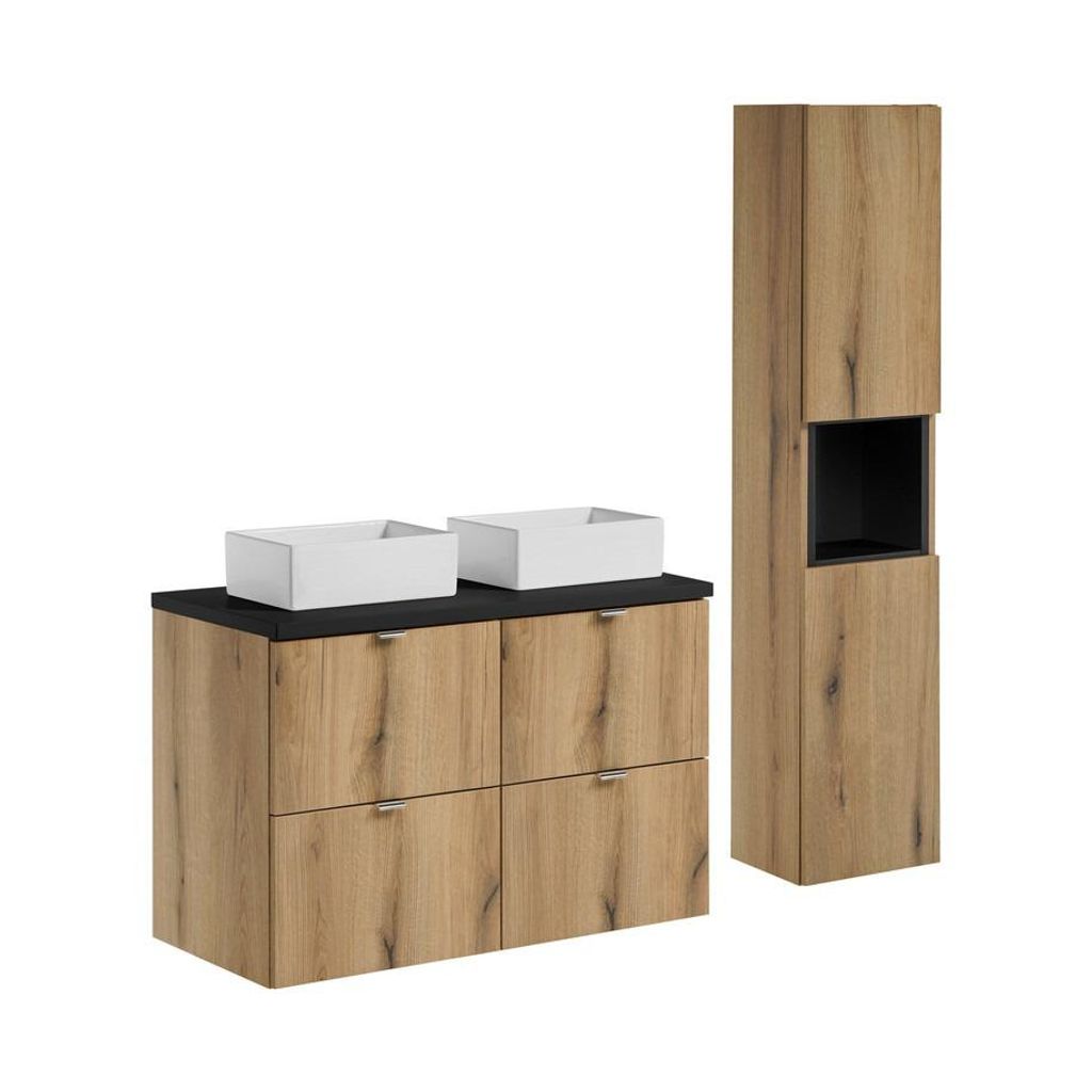 Badmöbel-Set Mit Hochschrank Waschtischplatte 100 cm 2 Aufsatzwaschtisch & Unterschrank, Nova Oak N BM97 - Evoke Oak/Schwarz