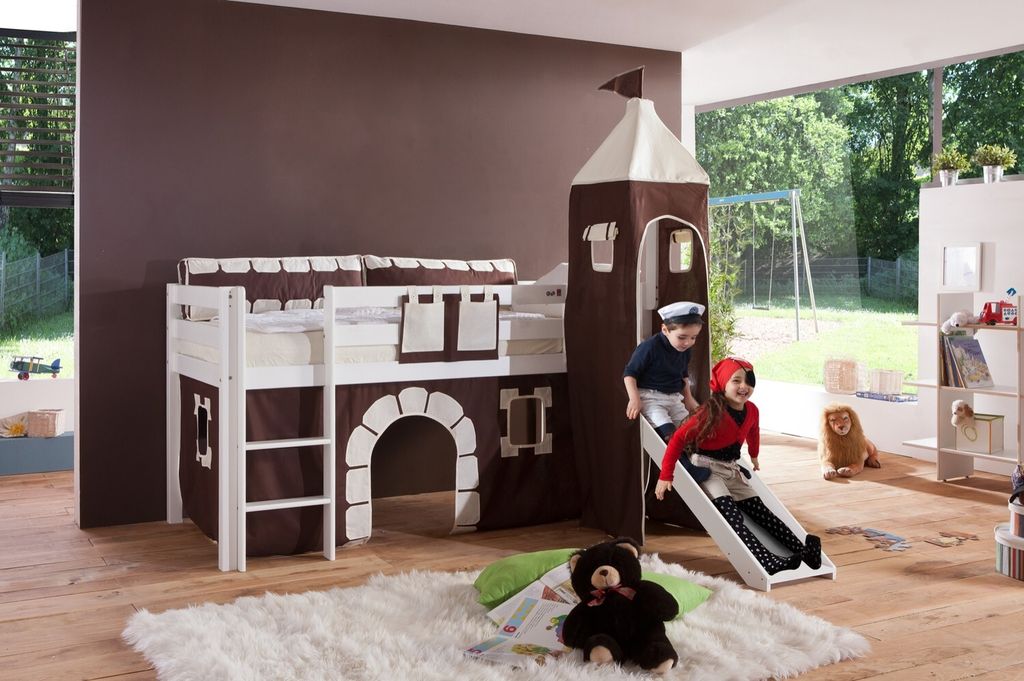 Einzelbett Alex Buche massiv 90x200 cm Weiß lackiert mit Stoff-Set und Rutsche