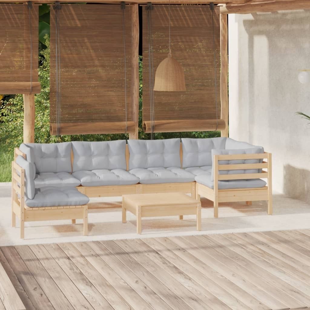 The Living Store 7-tlg. Garten-Lounge-Set mit Grauen Kissen Kiefernholz