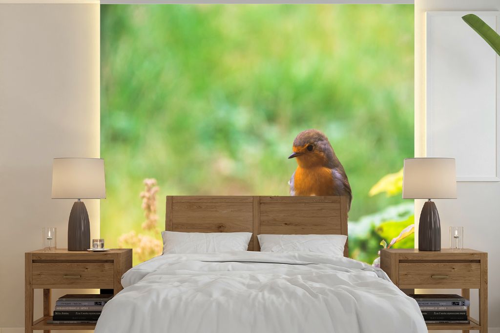 MuchoWow Fototapete für Wohnzimmer oder Schlafzimmer Wandtapete Vinyl Motivtapete Rotkehlchen - Rose - Rot - 280x280 cm - Hintergrundbild