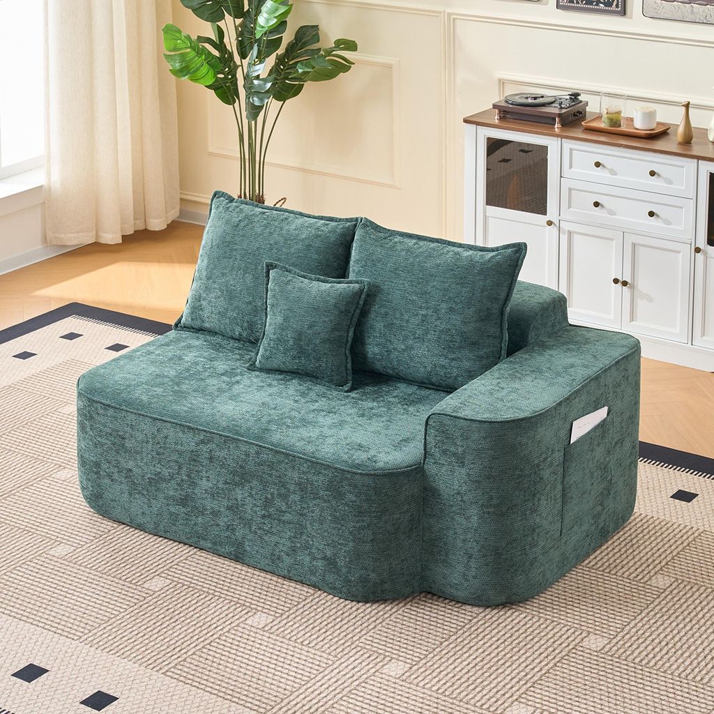 okwish Modernes Design Zweisitzer,mit Kissen und Seitentaschen,Chaiselongue aus Chenille,für kleine Wohnungen,Grün