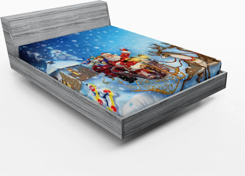 Drap-housse ABAKUHAUS Noël Saint Nicolas en traîneau bleu 180x200 cm