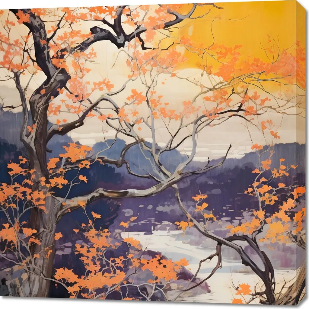 Tableau Automne Doré au Bord du Lac - Décoration Murale XXL 90x90cm