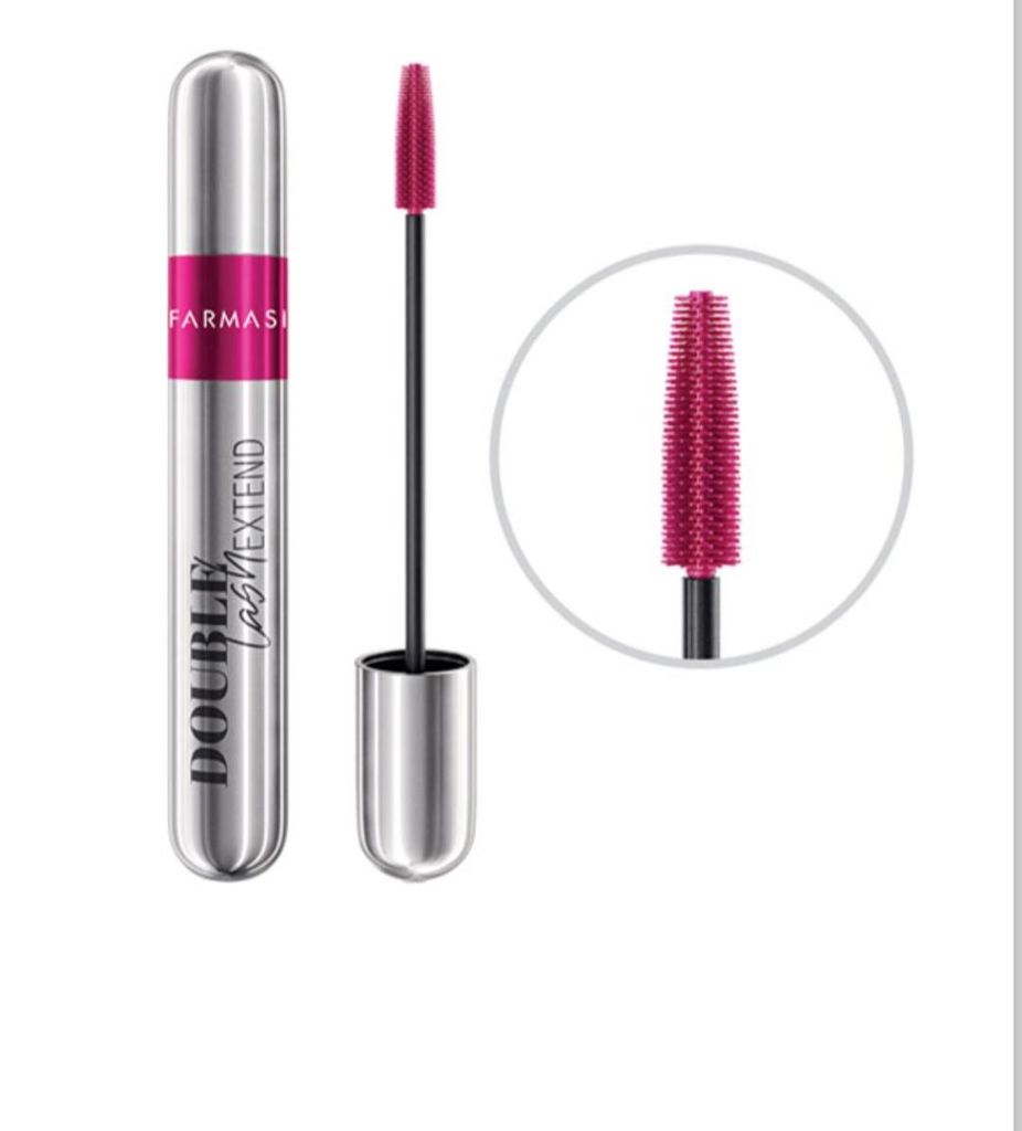 A product shot of a mascara tube and its applicator, with a close-up of the applicator brush.