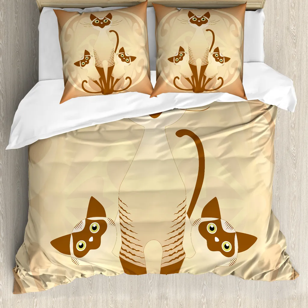 ABAKUHAUS Copripiumino per animali domestici, 3 gatti siamesi, antiacaro, adatto a chi soffre di allergie, con federe, 155 cm x 220 cm - 80 x 80 cm, marrone chiaro e marrone chiaro