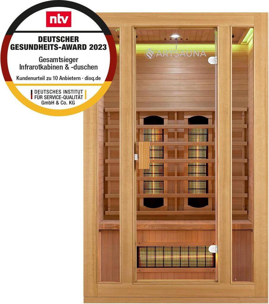 Artsauna Infrarotkabine Nyborg S120V Vollspektrumstrahler & Hemlockholz, 2 Personen, 120 x 105 x 190 cm, LED Farblicht & Glastür, Infrarotsauna Sauna