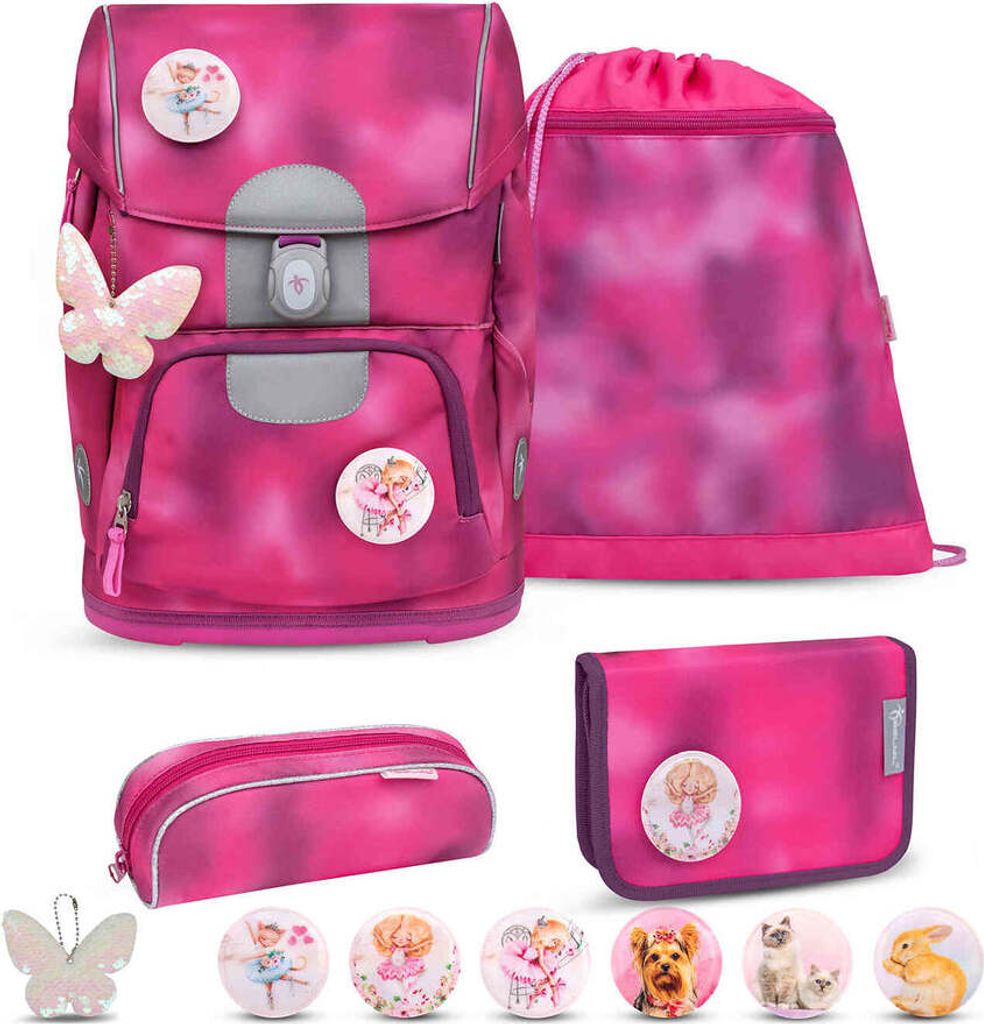 Belmil Motion ergonomisches Schulranzen Set 5-teilig "Shiny Pink" aus recyceltem Material mit Brustgurt, Hüftgurt, Magnetverschluss, Patch Set 6 S...