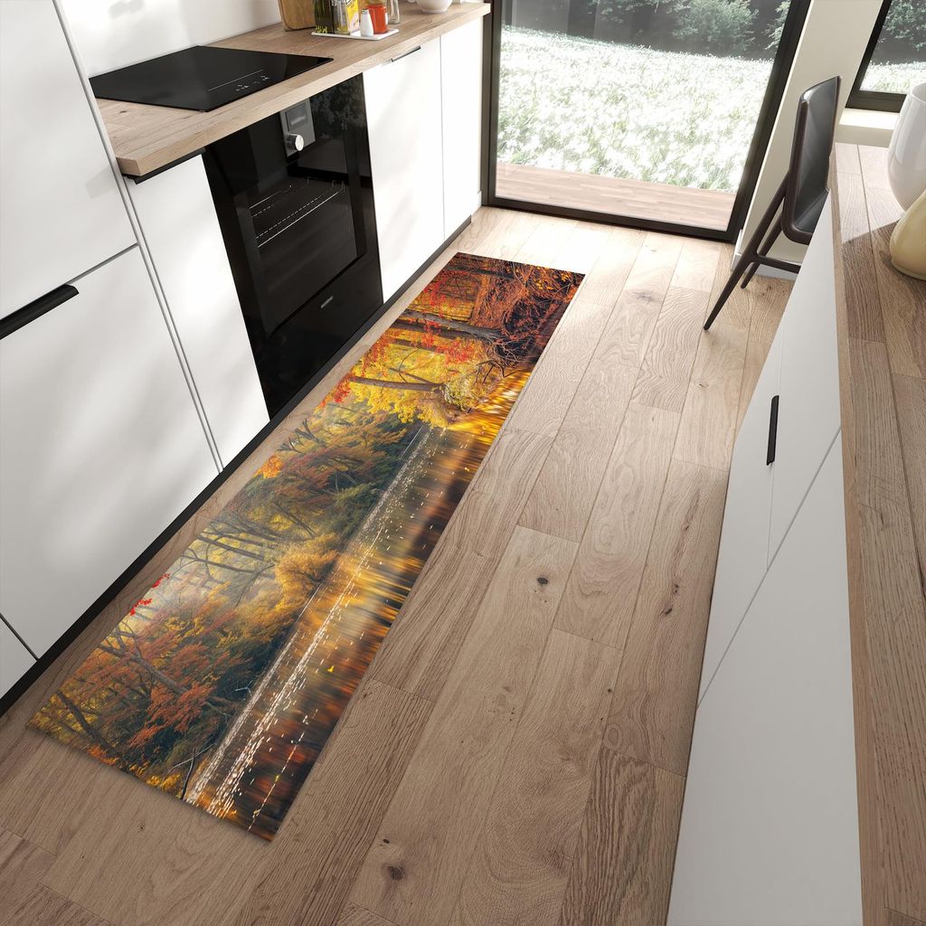 Küchenteppich 60x240cm rutschfest & abwischbar PVC Läufer - Herbstwald See