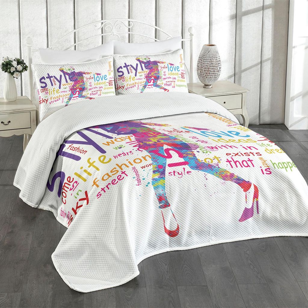 ABAKUHAUS Mode Tagesdecke Set, Stilvolles Frauen-Zahl-Schattenbild mit buntem Fleck-Liebes-Kleider-Glück-Thema, 220 x 220 cm, Mehrfarbig