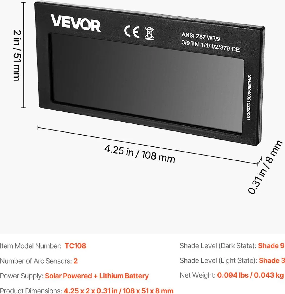 Lente per saldatura VEVOR, oscuramento automatico, 108x51 mm, occhiali di sicurezza a 9 colori reali con doppio sensore d'arco, compatibili con la maggior parte dei caschi per saldatura per applicazioni TIG, MIG, MMA, ARC - 7