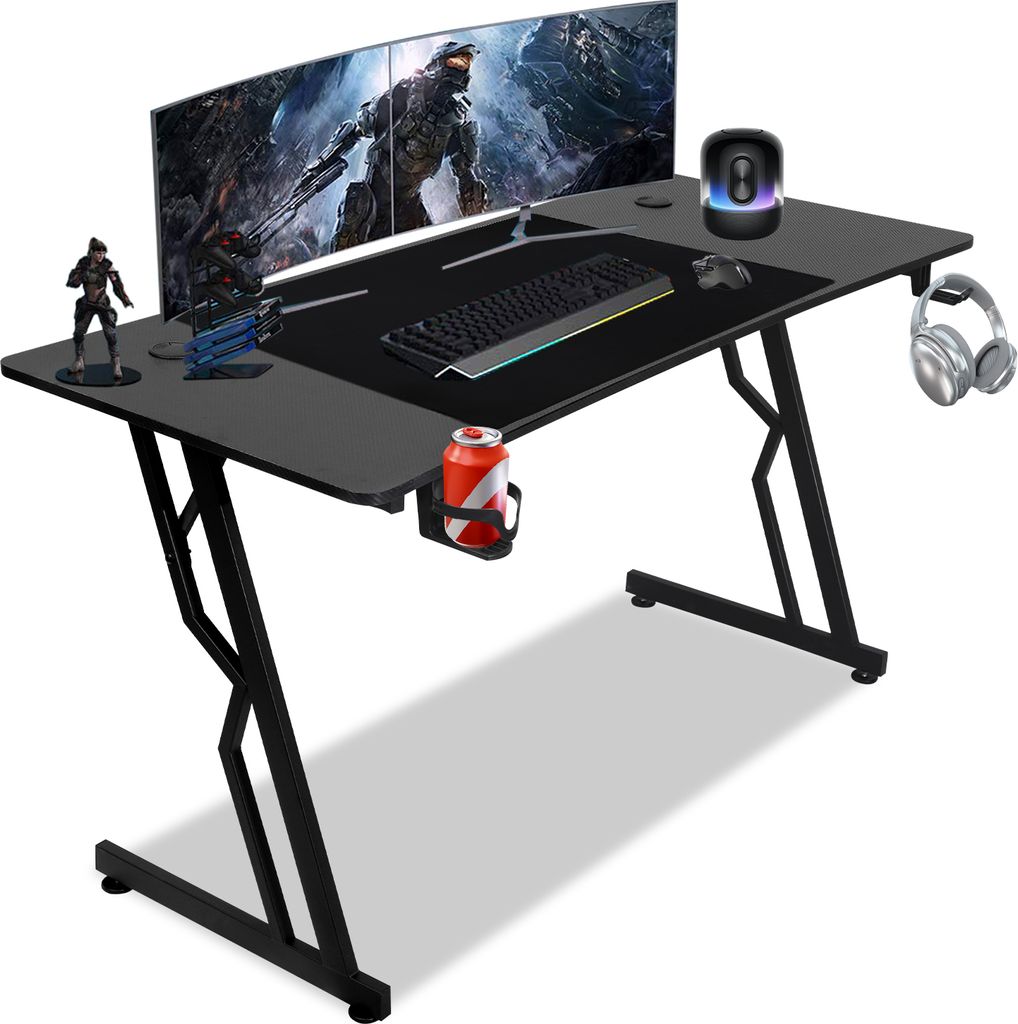Clanmacy Z-förmiger Gaming Schreibtisch Computertisch Bürotisch Gamer Tisch met Getränkehalter Kopfhörerhalter Mauspad, ohne LED (140x60cm)