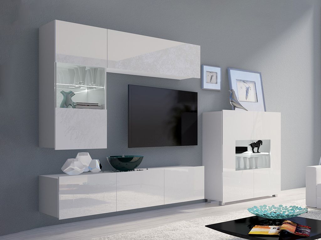 Wohnzimmer-Set CALABRINI-3 Wohnwand Hängewohnwand Schrankwand mit LED-Beleuchtung TV-Schrank Vitrine Kommode Moderne Anbauwand Hochglanz (Weiß)