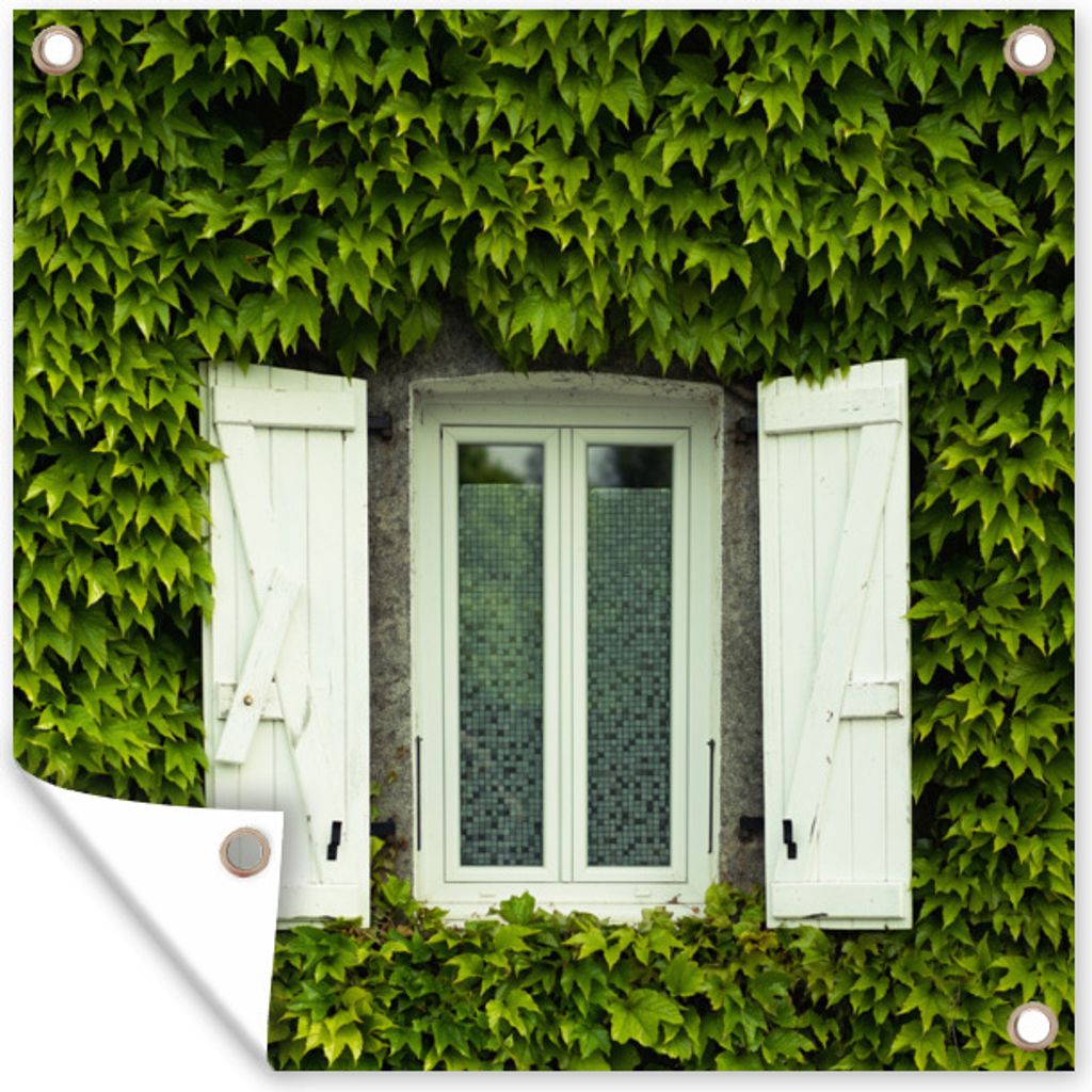 MuchoWow 50x50 cm Outdoor-Poster Gartendeko Sichtschutz Garten Poster für den Garten Fenster mit Fensterläden zwischen Kletterpflanzen