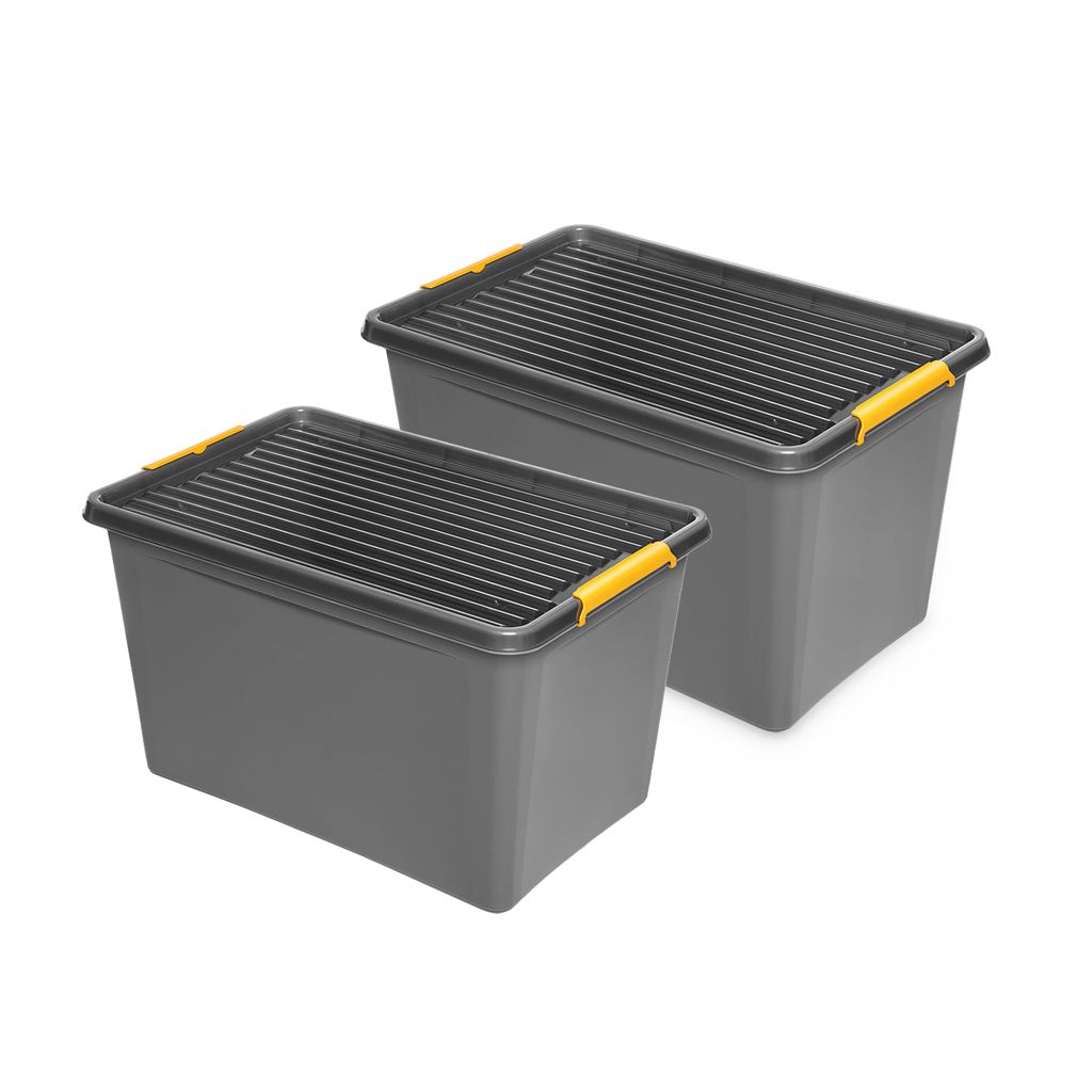 2 x Kreher Aufbewahrungsbox 'Solid Box' aus Kunststoff mit Deckel und Rollen (60 Liter Volumen)
