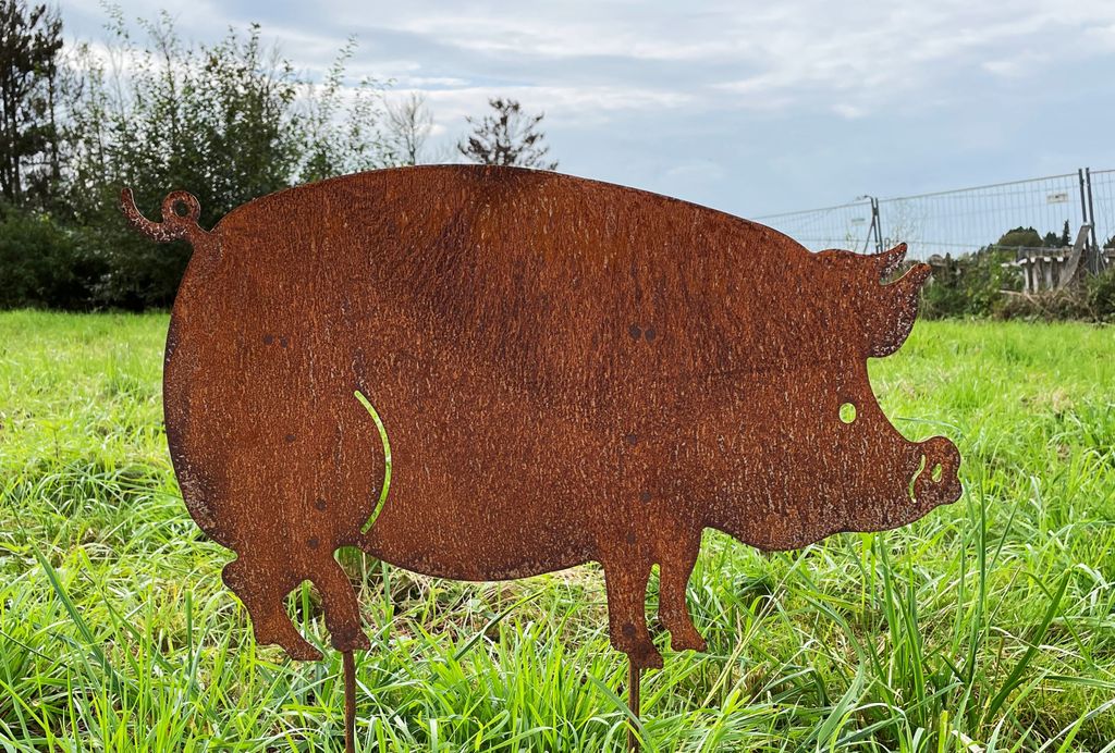 Gartenfigur Schwein 36x60cm Gartenstecker Edelrost Gartendeko Wetterfest Rost Metall Rostfigur Figur Tier Hausschwein