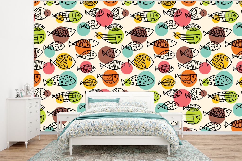 MuchoWow Fototapete für Wohnzimmer oder Schlafzimmer Wandtapete Vinyl Motivtapete Polka dots - Fisch - Regenbogen - 320x240 cm - Tapeten