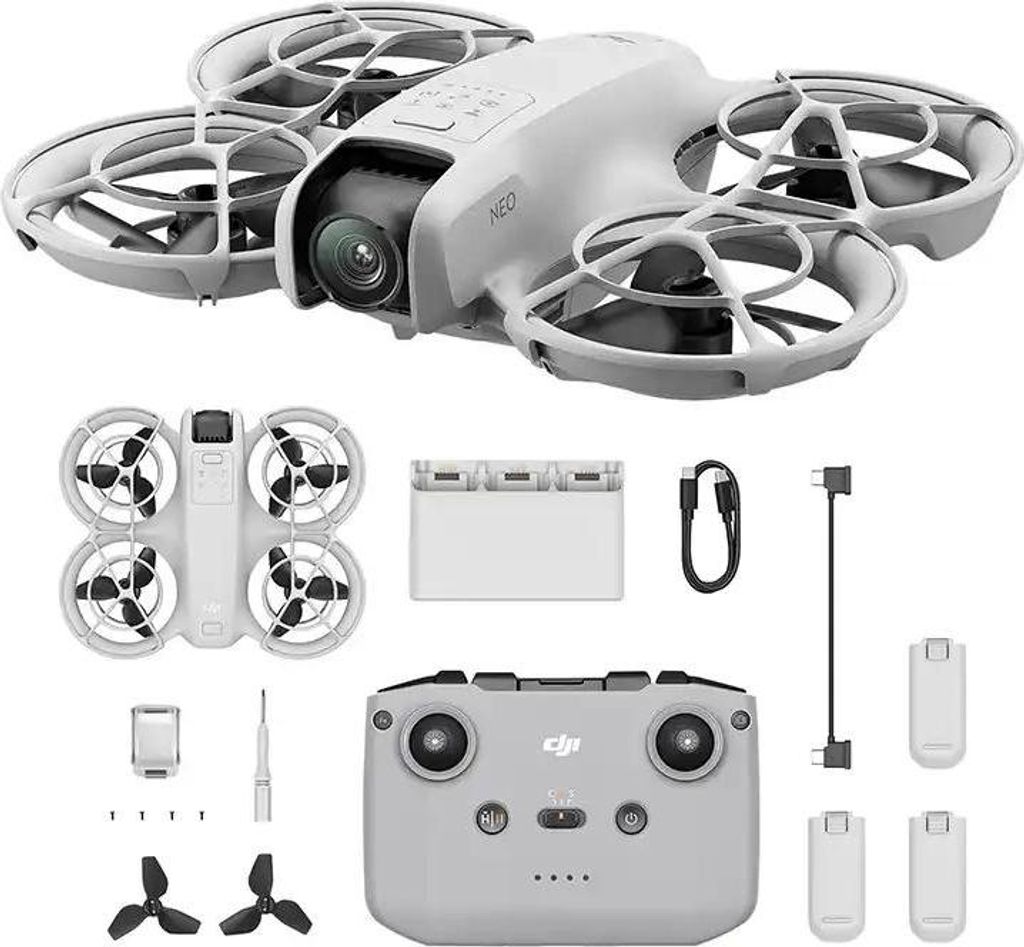 A collection of DJI drone accessories, including the drone itself, a remote controller, batteries, and charging accessories, arranged on a white background.